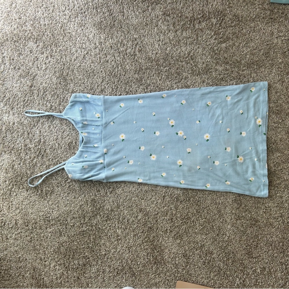 Light Blue Daisy Print Ribbed Mini Dress - Picture 9 of 12